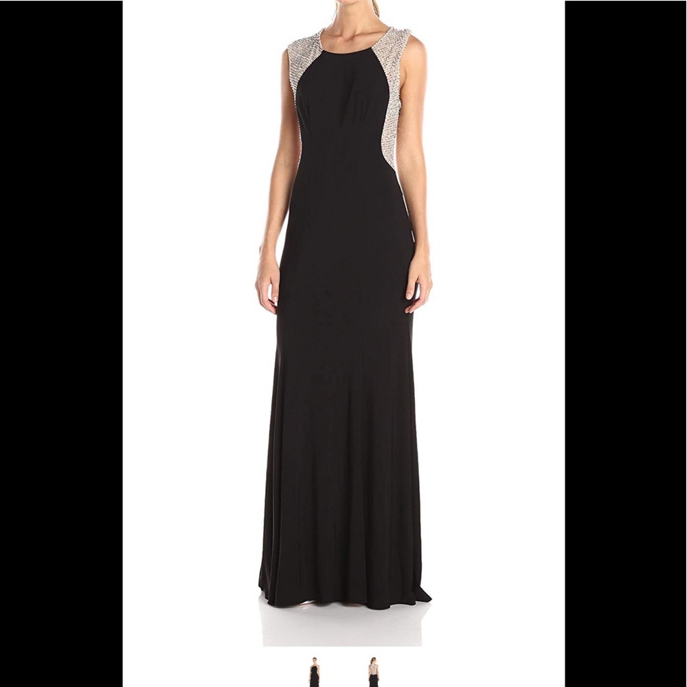 NWT Cache, Stunning Black with  beige beaded gown.